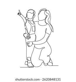 Continuous single line of young mother giving some wise advice talk to his child. Happy family parenting concept. Trendy sketch drawing editable stroke vector illustration