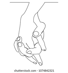 continuous single non-painted one-line intertwined hands of a man and a woman drawn by hand picture silhouette. Line art. hands woven