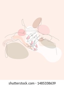 continuous single non-painted one-line intertwined hands of a man and a woman drawn by hand picture silhouette. Line art. hands woven vector illustration. Simple, minimalistic art. Black and white one