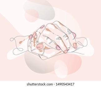 continuous single non-painted one-line intertwined hands of a woman drawn by hand picture silhouette. Line art. hands woven vector illustration. Simple, minimalistic art. Black and white one linear