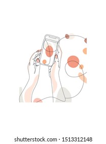 continuous single non-painted one-line intertwined hands of a woman drawn by hand picture silhouette with phone. Line art. hands woven vector illustration. Simple, minimalistic art. Black and white