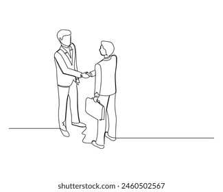 Continuous single one businessman shaking hands with another businessman who is carrying a suitcase. Business growth strategy concept.  Design vector illustration