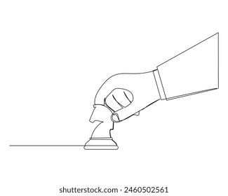 Continuous single one drawing big hand put horse chess. Business growth strategy concept.  Design vector illustration