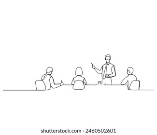 Continuous single one drawing the boss is explaining the strategy to his subordinates. Business growth strategy concept.  Design vector illustration