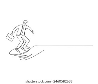 Continuous single one drawing businessman holding a suitcase surfing forward. vector illustration design for Business growth strategy concept.