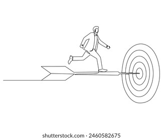 Continuous single one drawing businessman running on arrows stamped on the goal board. vector illustration design for business growth strategy concept.