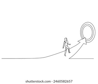 Una sola mujer de carrera de dibujo continuo caminando en una flecha que apunta a un tablero objetivo. Diseño de Ilustración vectorial para el concepto de estrategia de crecimiento empresarial.