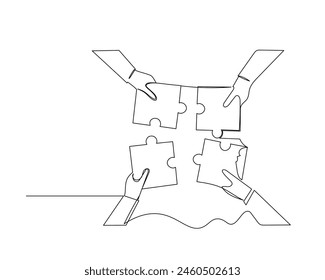 Kontinuierliche Einzelzeichnung Vier Hände setzen das Puzzle zusammen. Konzept der Geschäftswachstumsstrategie.  Design-Vektorillustration