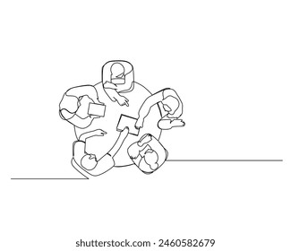 Continuous single one drawing a view from above of workers discussing together. vector illustration design for Business growth strategy concept.