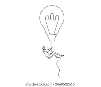 Continuous single one drawing workers hanging from the big lamp above. Business growth strategy concept.  Design vector illustration