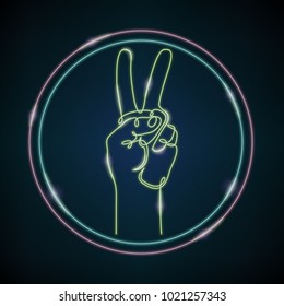 Continuous single one drawn line of the hand symbol of the victory of the logo in the circle. Neon glossy glow illustration.
