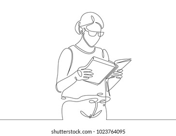 A continuous single one is a drawn line of a student reading a writer who is engaged in a book, a textbook. The concept of education studies.
