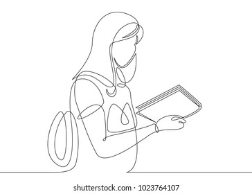 A continuous single one is a drawn line of a student reading a writer who is engaged in a book, a textbook. The concept of education studies.
