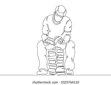 A continuous single one is a drawn line of a student reading a writer who is engaged in a book, a textbook. The concept of education studies.
