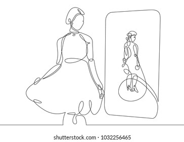 Continuous single one drawn line women, women in evening dress costume worn in front of the mirror. The concept of fashion is make-up.