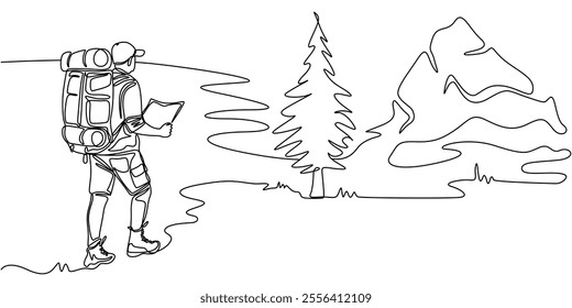 Continuous single one drawn line of the tourist character tourist with a backpack on a halt, Single continuous line drawing man hiker with backpack and map hiking in mountains or forest and exploring.