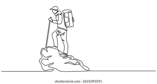 Continuous single one drawn line of the tourist character tourist with a backpack on a halt, Man climbs the mountains in one continuous line drawing. Traveler with backpack is hiking in simple linear.