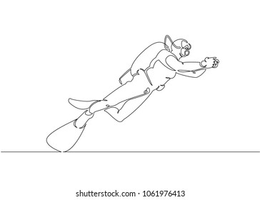 Continuous single one drawn scuba diver line underwater in the sea. The concept of sport is a journey of scuba diving.