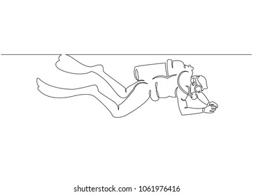 Continuous single one drawn scuba diver line underwater in the sea. The concept of sport is a journey of scuba diving.