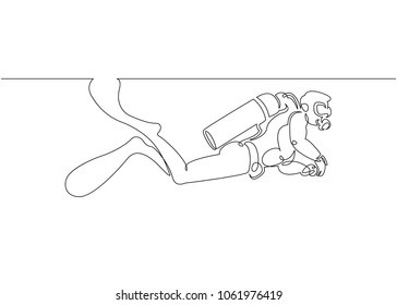 Continuous single one drawn scuba diver line underwater in the sea. The concept of sport is a journey of scuba diving.