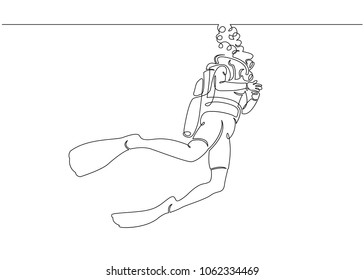 Continuous single one drawn scuba diver line underwater in the sea. The concept of sport is a journey of scuba diving.