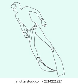 Continuous single one drawn scuba diver line underwater in the sea. The concept of sport is a journey of scuba diving.