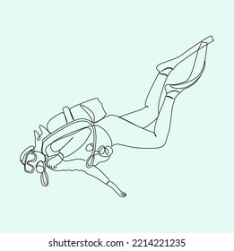 Continuous single one drawn scuba diver line underwater in the sea. The concept of sport is a journey of scuba diving.