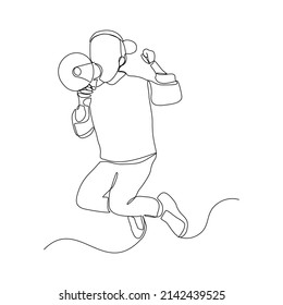 Continuous single one line art drawing of little girl kids scream and holding megaphone vector illustration
