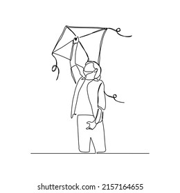 Continuous single one line art drawing of boy kids playing kite vector illustration