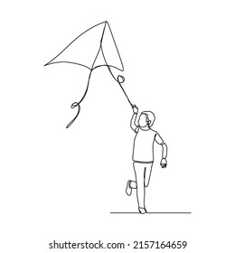 Continuous single one line art drawing of boy kids playing kite vector illustration