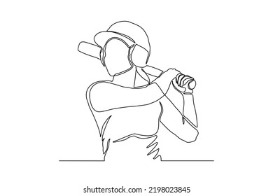  Continuous single one line art drawing of baseball player american cricket woman player vector illustration