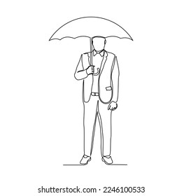 Continuous single one line art drawing of business man holding open umbrella vector Illustration