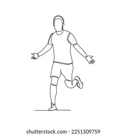 Continuous single one line art drawing of football soccer player celebrating victory success goal on competition. Vector illustration