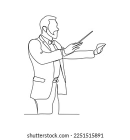 Continuous single one line art drawing of music conductor directing concert orchestra performance with stick and notes book. Vector illustration