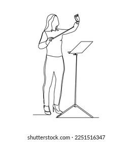 Continuous single one line art drawing of music conductor woman directing concert orchestra performance with stick and notes book. Vector illustration