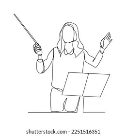 Continuous single one line art drawing of music conductor woman directing concert orchestra performance with stick and notes book. Vector illustration