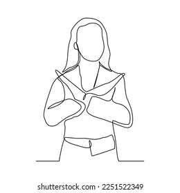 Continuous single one line art drawing of woman crossing hands gesture say no stop rejection ban or enough