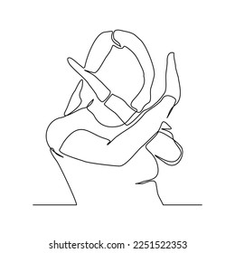 Continuous single one line art drawing of woman crossing hands gesture say no stop rejection ban or enough