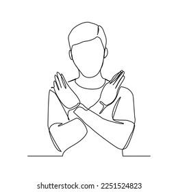 Continuous single one line art drawing of man crossing hands gesture say no stop rejection ban or enough