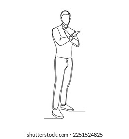 Continuous single one line art drawing of man crossing hands gesture say no stop rejection ban or enough