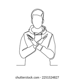 Continuous single one line art drawing of man crossing hands gesture say no stop rejection ban or enough