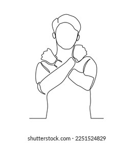 Continuous single one line art drawing of man crossing hands gesture say no stop rejection ban or enough