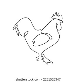 Continuous single one line art drawing of chicken rooster hen. Vector illustration of animal natural farming