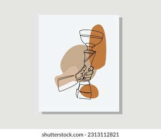 Continuous single one line art drawing of hand holding trophy to show winner award success achievement vector illustration