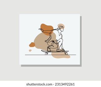 Continuous single one line art drawing of happy young people playing skateboard jump and trick on park vector illustration