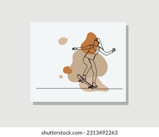 Dibujo continuo de una sola línea de arte de jóvenes felices jugando al salto de patineta y al truco en la ilustración del vector del parque