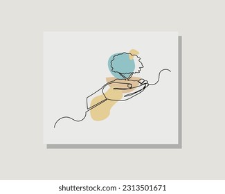 Continuous single one line art drawing of hand holding seeds plant growth and natural concept bohemian boho style