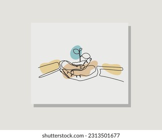 Dibujo continuo de una sola línea de arte de la mano sosteniendo semillas crecimiento de plantas y concepto natural estilo bohemio boho