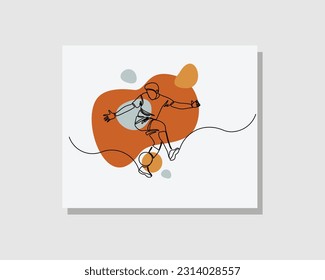 Continuous single one line art drawing of player football soccer athlete man jumping kick ball boho bohemian style design vector illustartion