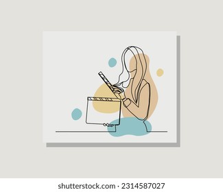 Continuous single one line art drawing of person holding film movie clapper board producer director film maker in boho style design vector illustration